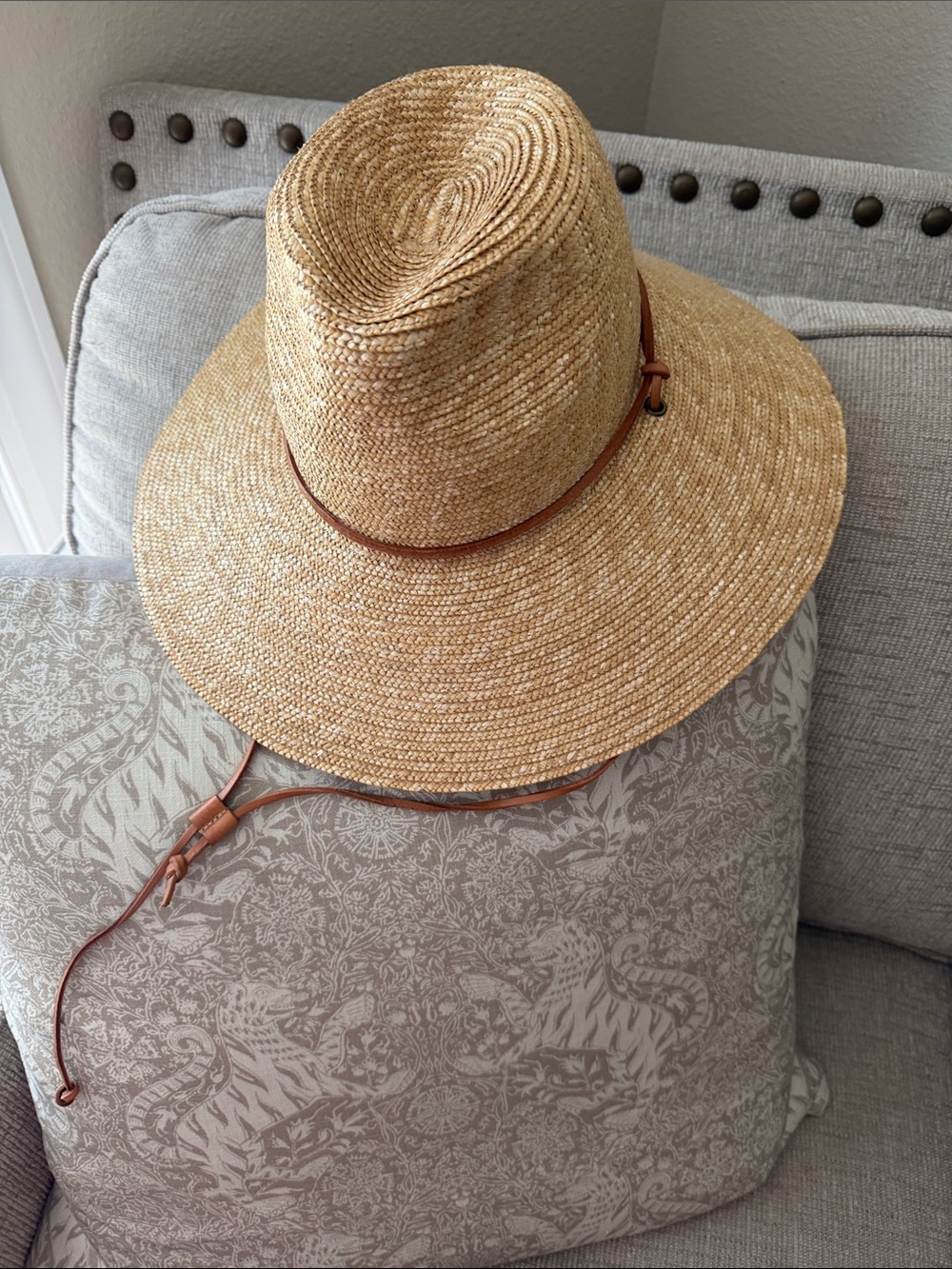 J. Crew Natural Straw Fedora with Brown Leather Chin Strap